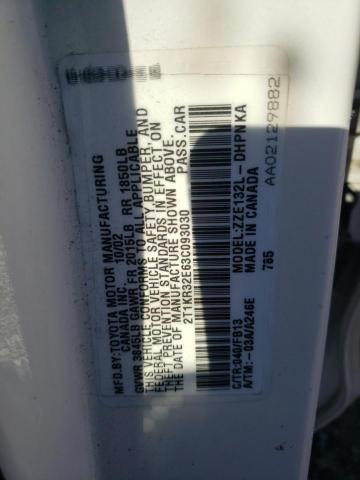 2T1KR32E63C093030 - 2003 TOYOTA COROLLA MA XR WHITE photo 12