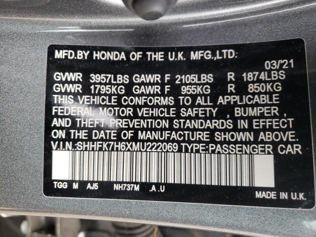SHHFK7H6XMU222069 - 2021 HONDA CIVIC EX GRAY photo 12