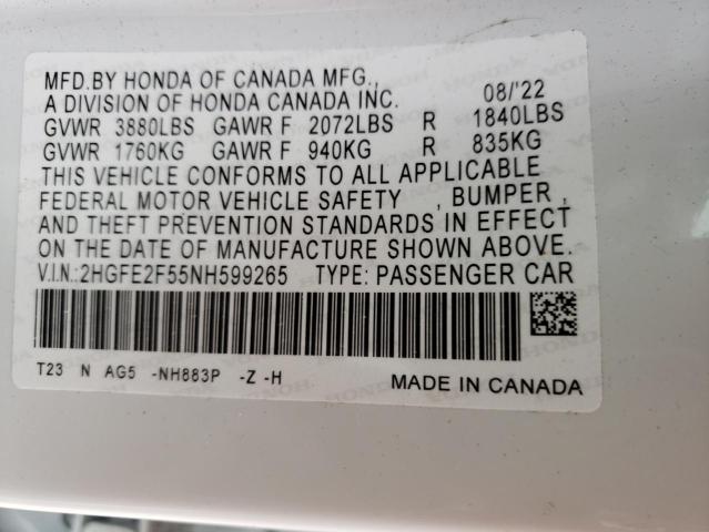 2HGFE2F55NH599265 - 2022 HONDA CIVIC SPORT 白色 照片 12