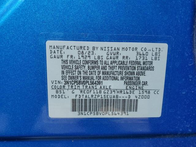 3N1CP5BV0PL564391 - 2023 NISSAN KICKS S BLUE photo 13