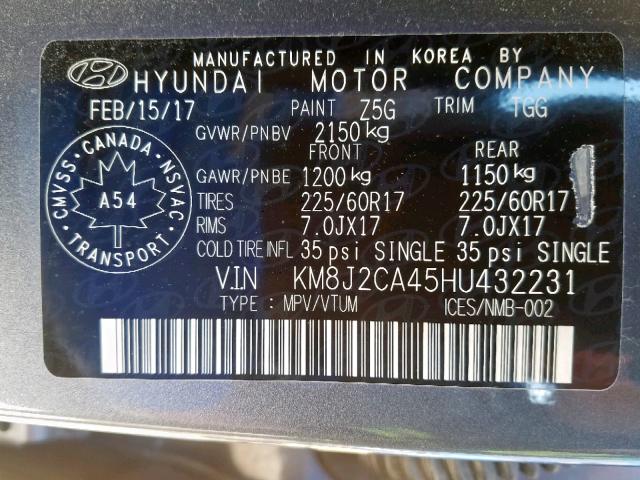 KM8J2CA45HU432231 - 2017 HYUNDAI TUCSON SE  photo 10