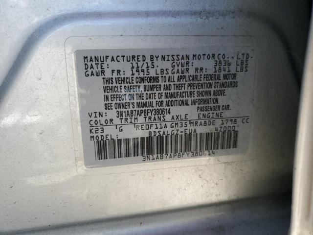 3N1AB7AP8FY380614 - 2015 NISSAN SENTRA S SILVER photo 13