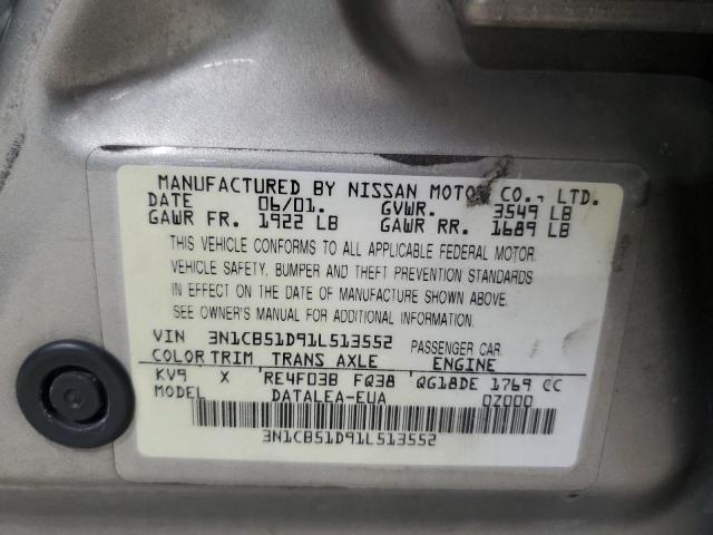 3N1CB51D91L513552 - 2001 NISSAN SENTRA XE SILVER photo 13