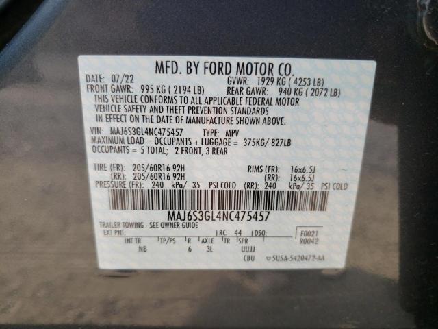 MAJ6S3GL4NC475457 - 2022 FORD ECOSPORT SE GRAY photo 12