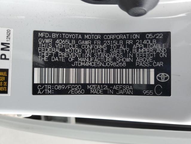 JTDM4MCE5NJ098268 - 2022 TOYOTA COROLLA SE WHITE photo 12