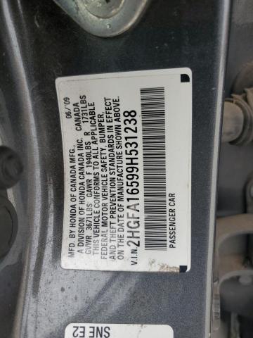 2HGFA16599H531238 - 2009 HONDA CIVIC LX GRAY photo 12