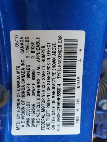 2HGFC2F56HH556614 - 2017 HONDA CIVIC LX BLUE photo 12