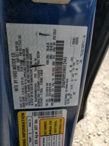 3FA6P0H93HR412441 - 2017 FORD FUSION SE BLUE photo 12