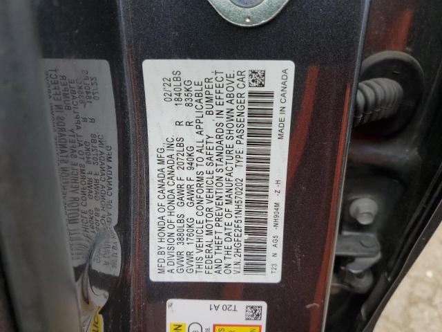 2HGFE2F51NH570202 - 2022 HONDA CIVIC SPORT 灰色 照片 12
