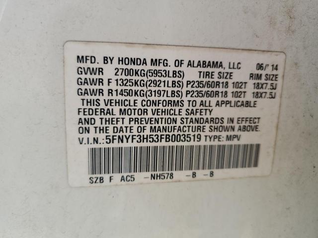 5FNYF3H53FB003519 - 2015 HONDA PILOT EXL WHITE photo 13