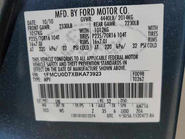 1FMCU0D7XBKA73923 - 2011 FORD ESCAPE XLT BLUE photo 12