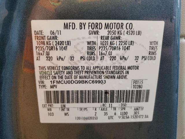 1FMCU0DG9BKC69903 - 2011 FORD ESCAPE XLT BLUE photo 12