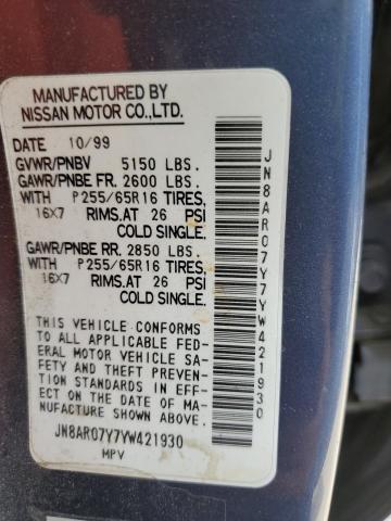 JN8AR07Y7YW421930 - 2000 NISSAN PATHFINDER LE 青色 照片 13