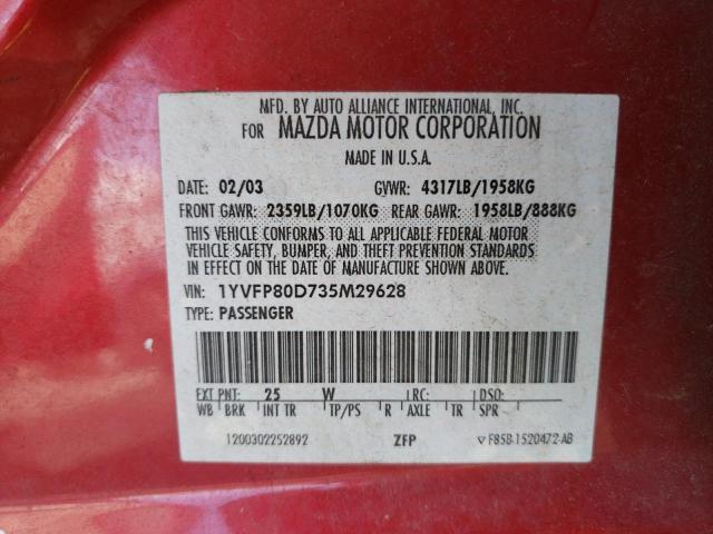 1YVFP80D735M29628 - 2003 MAZDA 6 S RED photo 12