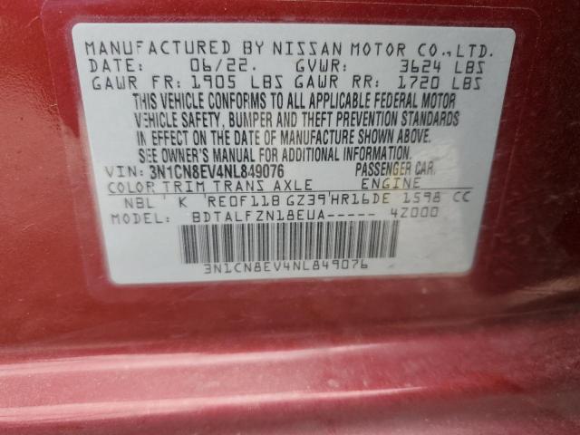 3N1CN8EV4NL849076 - 2022 NISSAN VERSA SV RED photo 12