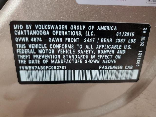 1VWBV7A30FC062787 - 2015 VOLKSWAGEN PASSAT SE 金色 照片 12
