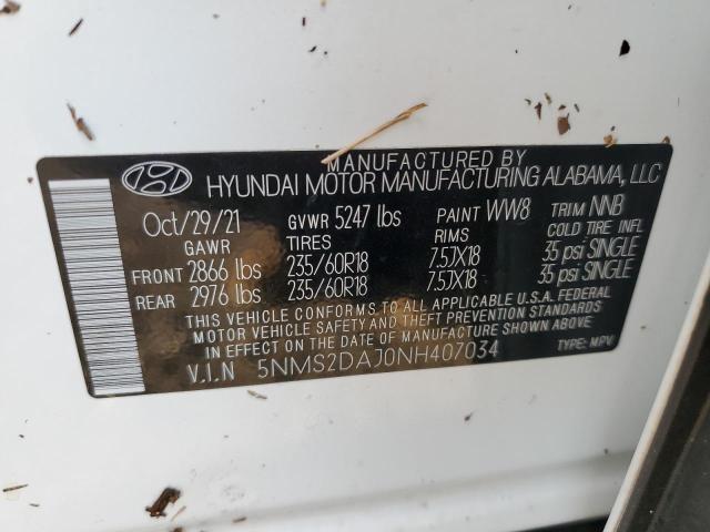 5NMS2DAJ0NH407034 - 2022 HYUNDAI SANTA FE SEL WHITE photo 14