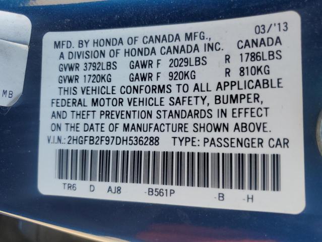 2HGFB2F97DH536288 - 2013 HONDA CIVIC EXL 蓝色 照片 12