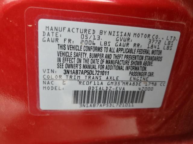 3N1AB7AP5DL721011 - 2013 NISSAN SENTRA S RED photo 13