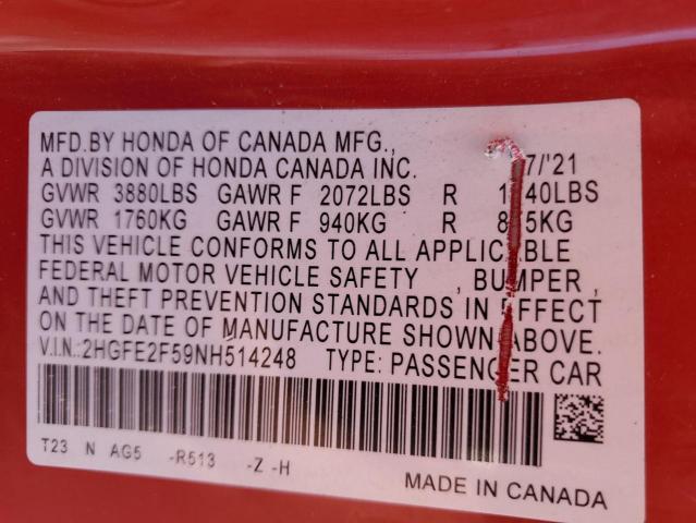2HGFE2F59NH514248 - 2022 HONDA CIVIC SPORT 红色 照片 12