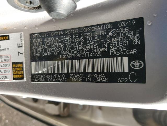 JTDKARFP8K3114165 - 2019 TOYOTA PRIUS PRIM 银色 照片 12