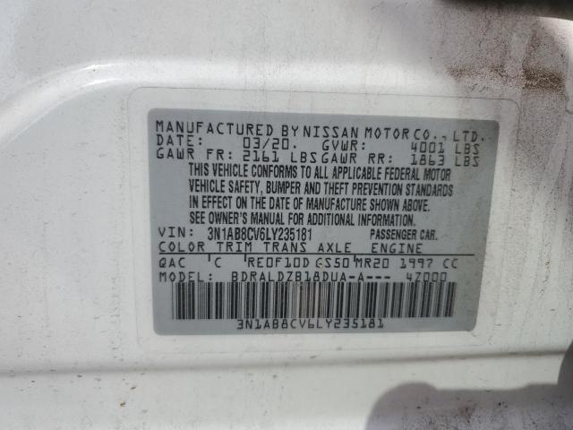 3N1AB8CV6LY235181 - 2020 NISSAN SENTRA SV WHITE photo 12