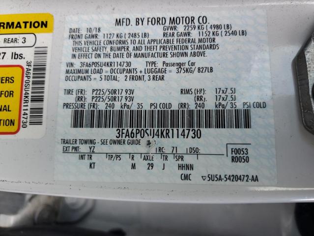 3FA6P0SU4KR114730 - 2019 FORD FUSION TITANIUM 白色 照片 12