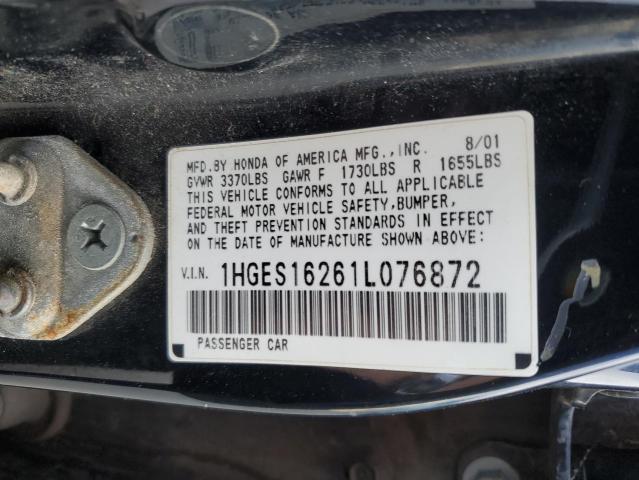 1HGES16261L076872 - 2001 HONDA CIVIC DX BLACK photo 13