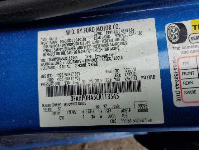 3FAHP0HA5CR113545 - 2012 FORD FUSION SE BLUE photo 12