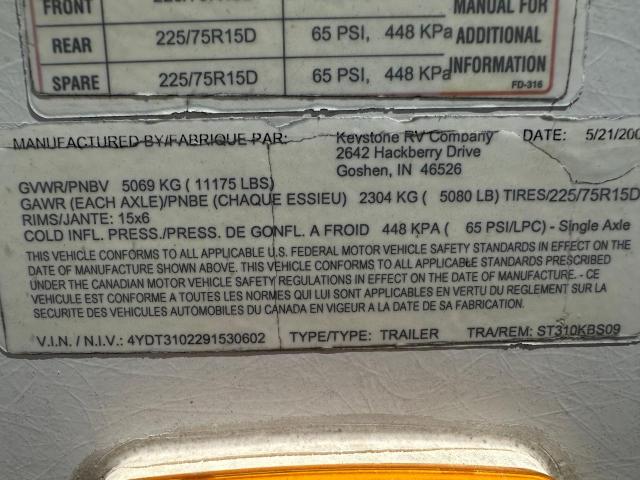 4YDT3102291530602 - 2009 KEYSTONE SPRINTER WHITE photo 10