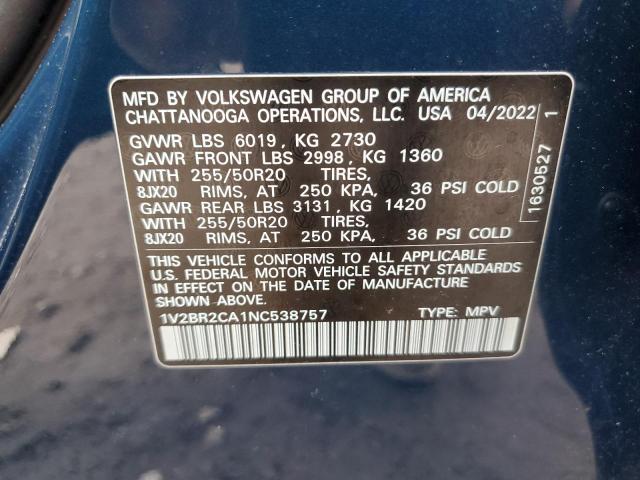 1V2BR2CA1NC538757 - 2022 VOLKSWAGEN ATLAS SEL BLUE photo 13