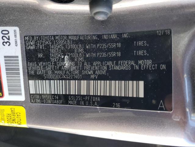 5TDDZ3DC7KS221401 - 2019 TOYOTA SIENNA XLE GRAY photo 13