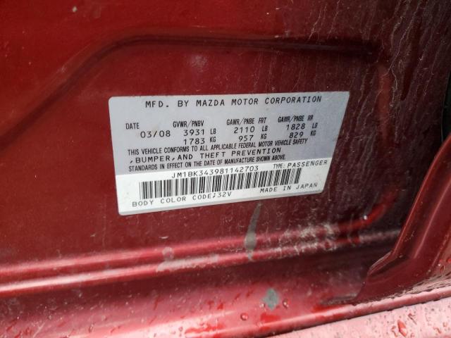 JM1BK343981142703 - 2008 MAZDA 3 HATCHBACK RED photo 13