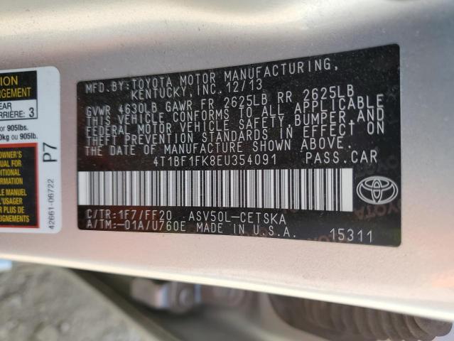 4T1BF1FK8EU354091 - 2014 TOYOTA CAMRY L SILVER photo 12