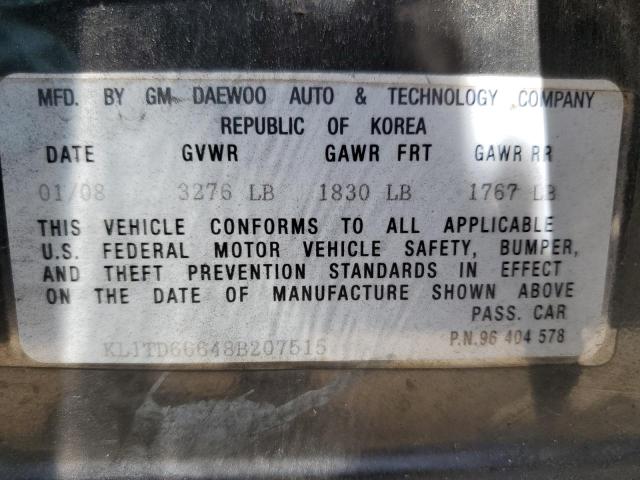 KL1TD66648B207515 - 2008 CHEVROLET AVEO BASE BLACK photo 12