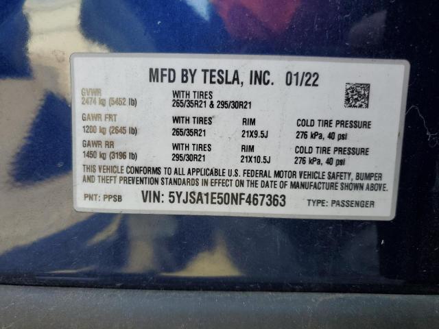 5YJSA1E50NF467363 - 2022 TESLA MODEL S BLUE photo 13