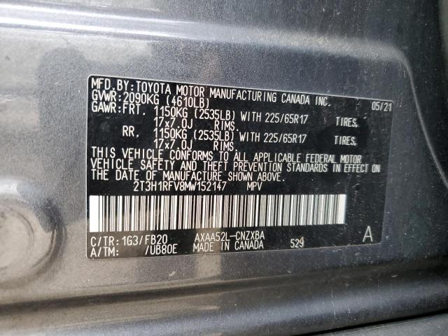 2T3H1RFV8MW152147 - 2021 TOYOTA RAV4 LE GRAY photo 12