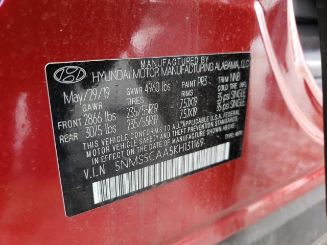 5NMS5CAA5KH131169 - 2019 HYUNDAI SANTA FE LIMITED RED photo 13