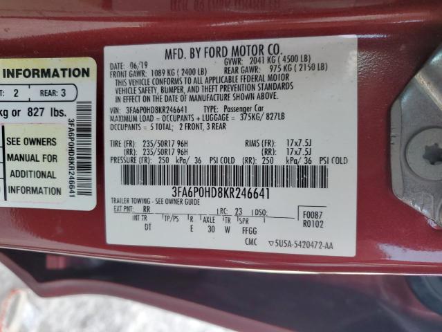 3FA6P0HD8KR246641 - 2019 FORD FUSION SE მუქწითელი ფოტო 12