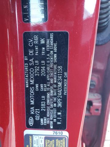 3KPF24AD3ME341158 - 2021 KIA FORTE FE RED photo 13