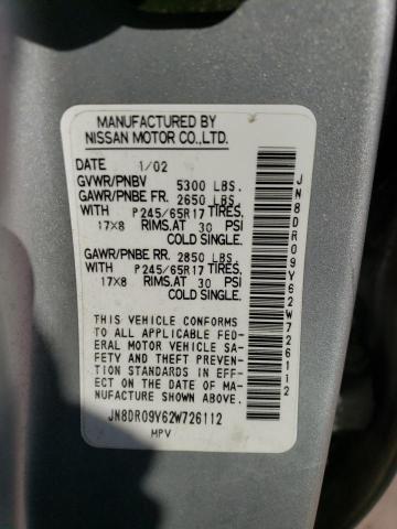 JN8DR09Y62W726112 - 2002 NISSAN PATHFINDER LE 银色 照片 12