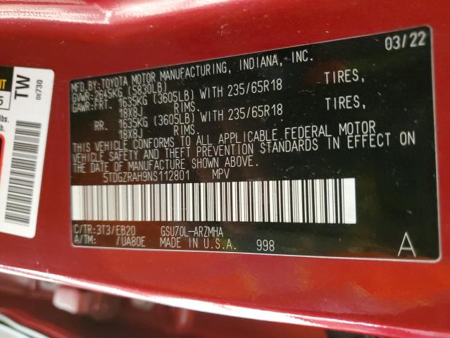 5TDGZRAH9NS112801 - 2022 TOYOTA HIGHLANDER XLE RED photo 13