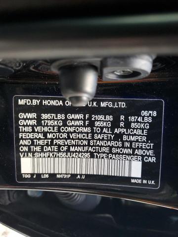 SHHFK7H56JU424295 - 2018 HONDA CIVIC EX შავი ფოტო 12