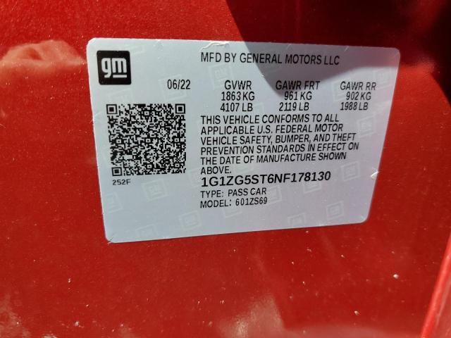 1G1ZG5ST6NF178130 - 2022 CHEVROLET MALIBU RS Червоний фото 13