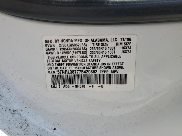 5FNRL38777B420352 - 2007 HONDA ODYSSEY EXL WHITE photo 13