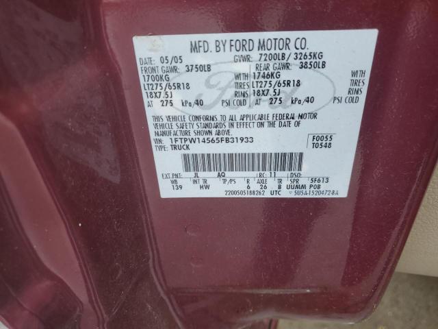 1FTPW14565FB31933 - 2005 FORD F150 SUPERCREW BURGUNDY photo 12