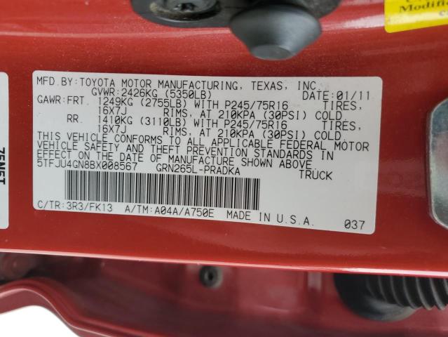 5TFJU4GN8BX008567 - 2011 TOYOTA TACOMA DOUBLE CAB PRERUNNER RED photo 13