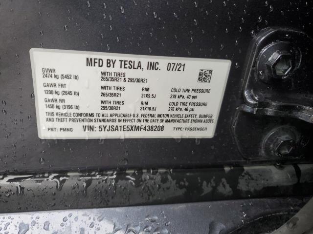 5YJSA1E5XMF438208 - 2021 TESLA MODEL S GRAY photo 12