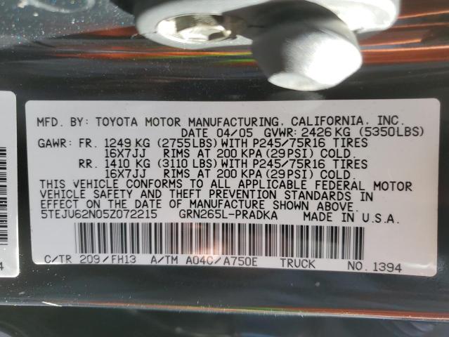 5TEJU62N05Z072215 - 2005 TOYOTA TACOMA DOUBLE CAB PRERUNNER BLACK photo 12