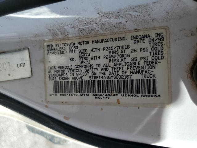 5TBBT4416YS002167 - 2000 TOYOTA TUNDRA ACCESS CAB WHITE photo 12